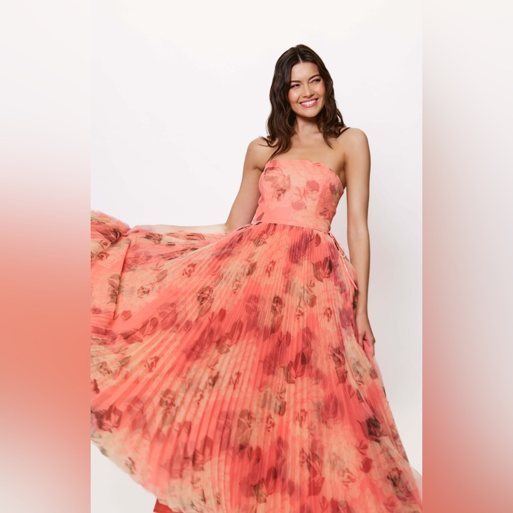 Hutch Coral Floral Strapless Pleated Midi Dress - Picture 3 of 9